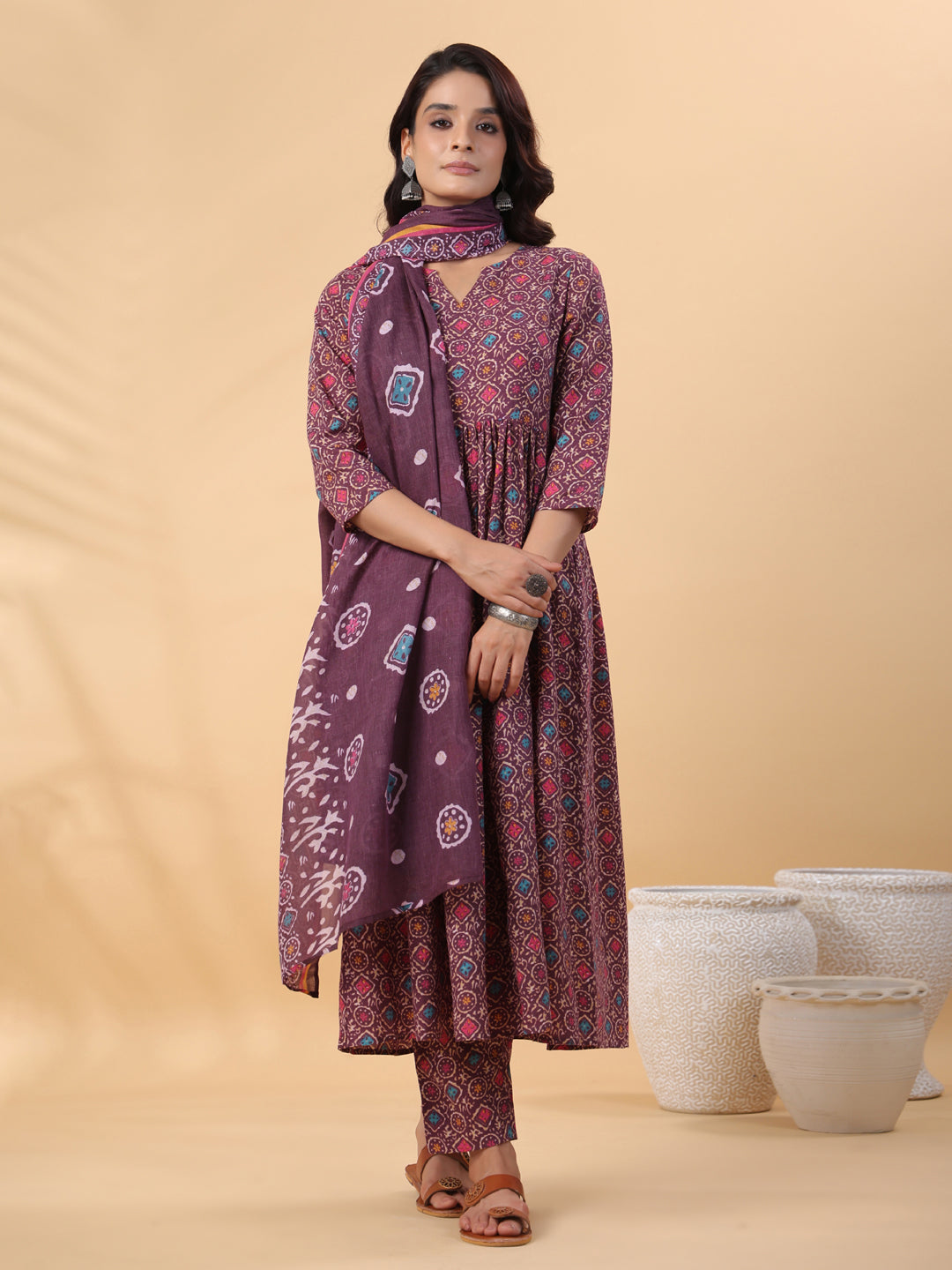 Janasya A-Line Cotton Blend Wine Abstract Round Neck Kurta,Bottom & Dupatta | Swadesiicart