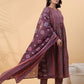 Janasya A-Line Cotton Blend Wine Abstract Round Neck Kurta,Bottom & Dupatta | Swadesiicart