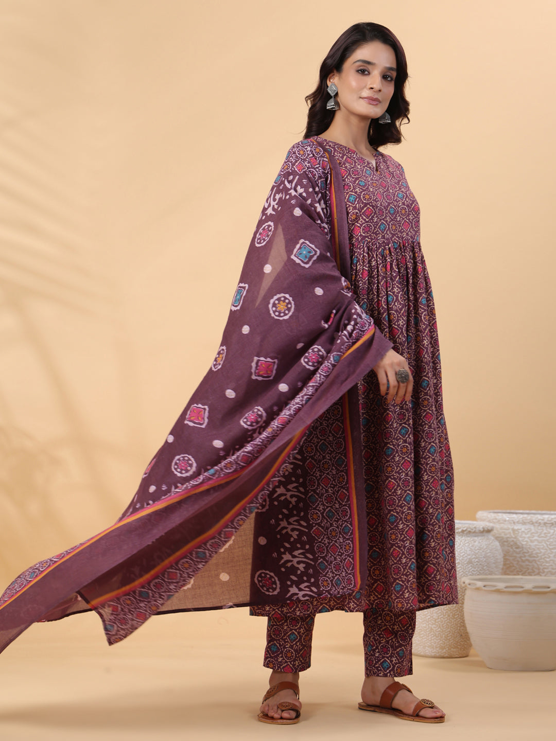 Janasya A-Line Cotton Blend Wine Abstract Round Neck Kurta,Bottom & Dupatta | Swadesiicart