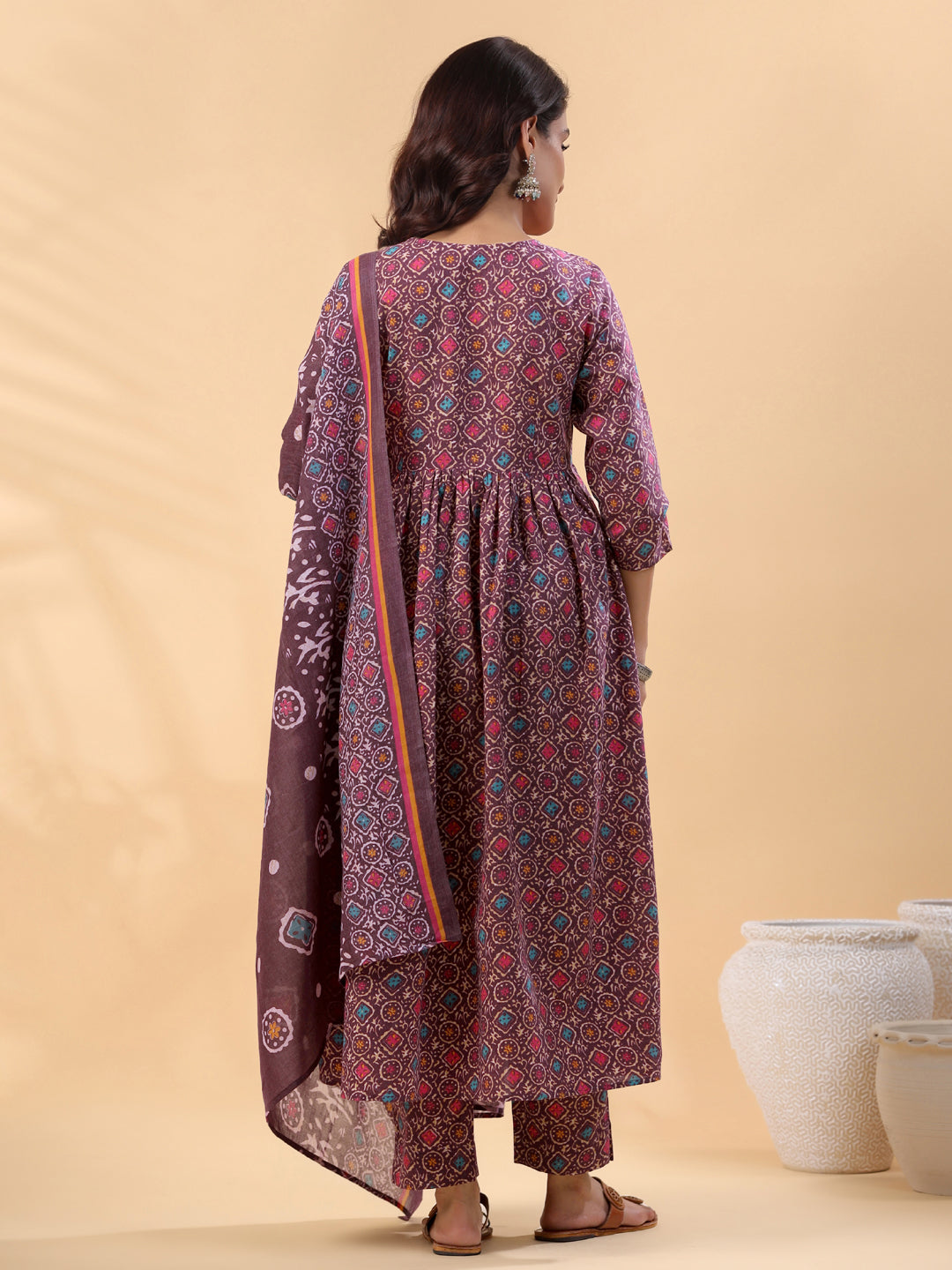 Janasya A-Line Cotton Blend Wine Abstract Round Neck Kurta,Bottom & Dupatta | Swadesiicart