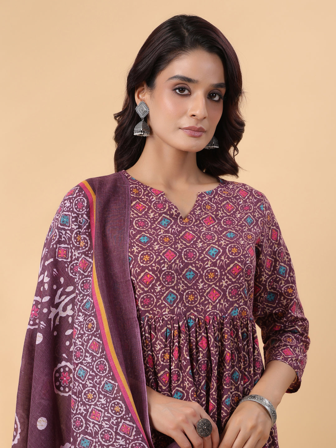 Janasya A-Line Cotton Blend Wine Abstract Round Neck Kurta,Bottom & Dupatta | Swadesiicart