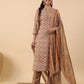 Janasya Straight Biscuit Slub Brown Ethnic Motifs Band Collar Kurta,Bottom & Dupatta - Swadesiicart