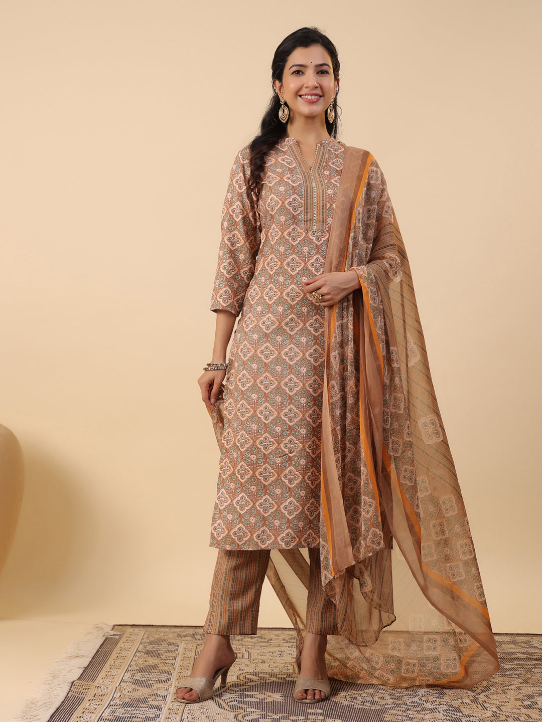 Janasya Straight Biscuit Slub Brown Ethnic Motifs Band Collar Kurta,Bottom & Dupatta - Swadesiicart