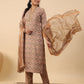 Janasya Straight Biscuit Slub Brown Ethnic Motifs Band Collar Kurta,Bottom & Dupatta - Swadesiicart