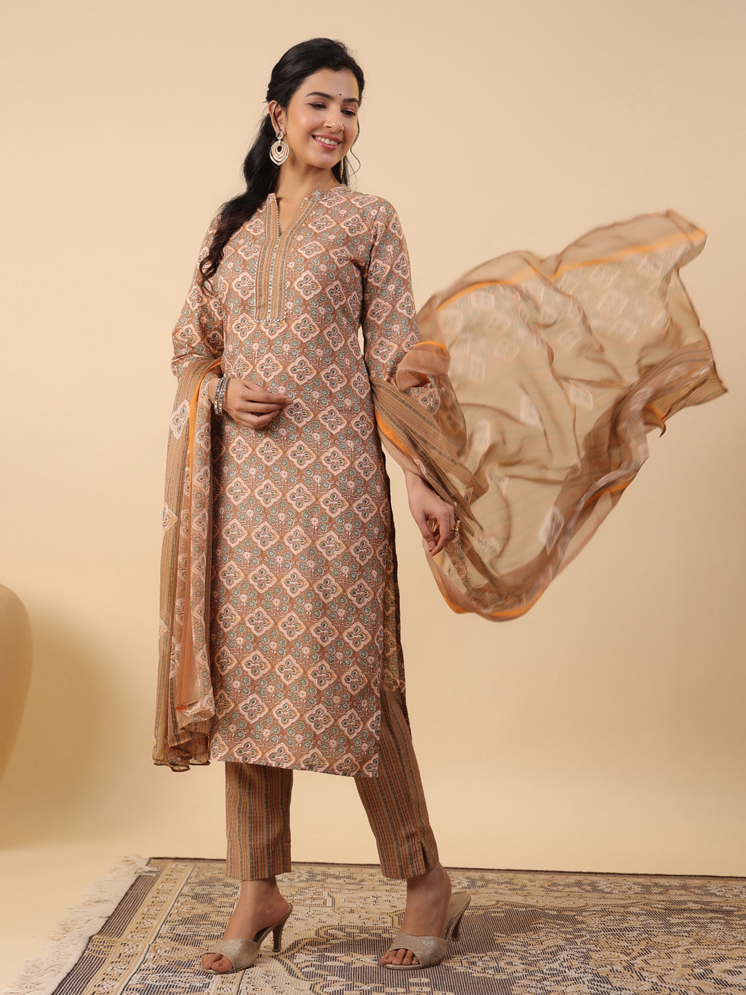 Janasya Straight Biscuit Slub Brown Ethnic Motifs Band Collar Kurta,Bottom & Dupatta - Swadesiicart