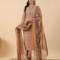 Janasya Straight Biscuit Slub Brown Ethnic Motifs Band Collar Kurta,Bottom & Dupatta - Swadesiicart