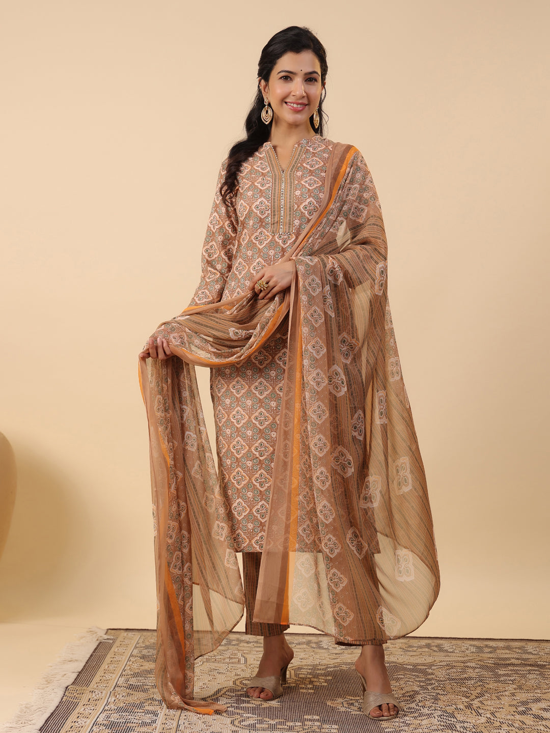 Janasya Straight Biscuit Slub Brown Ethnic Motifs Band Collar Kurta,Bottom & Dupatta - Swadesiicart