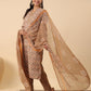 Janasya Straight Biscuit Slub Brown Ethnic Motifs Band Collar Kurta,Bottom & Dupatta - Swadesiicart