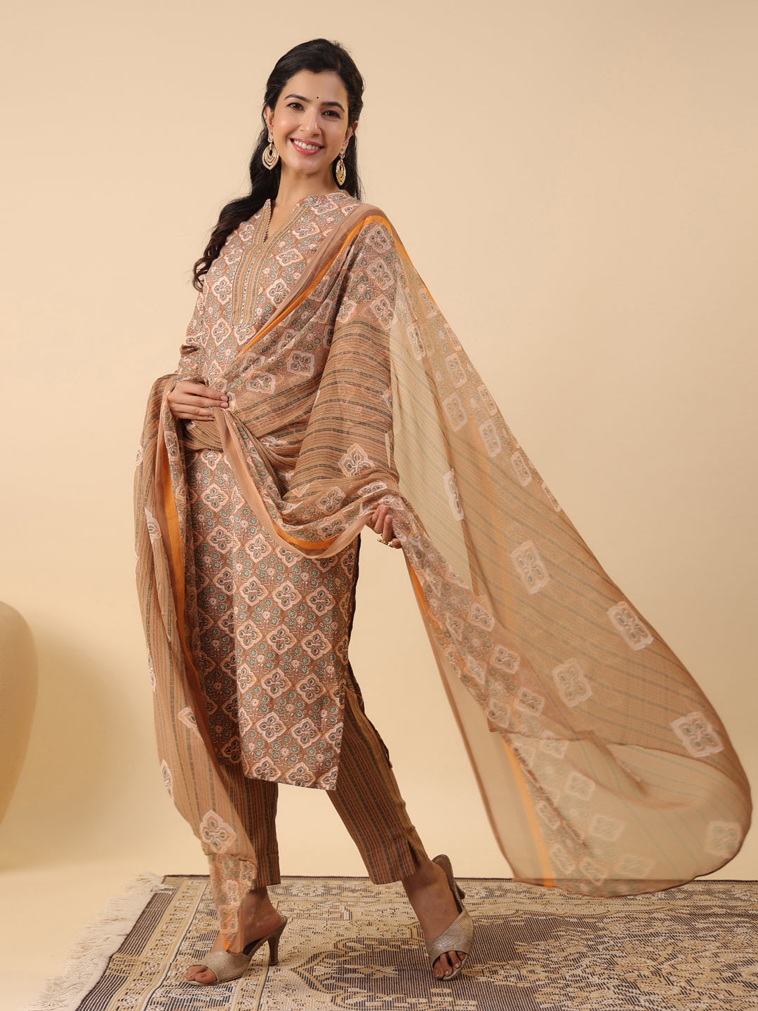Janasya Straight Biscuit Slub Brown Ethnic Motifs Band Collar Kurta,Bottom & Dupatta - Swadesiicart