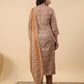 Janasya Straight Biscuit Slub Brown Ethnic Motifs Band Collar Kurta,Bottom & Dupatta - Swadesiicart