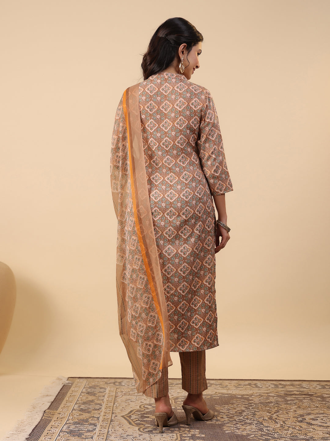 Janasya Straight Biscuit Slub Brown Ethnic Motifs Band Collar Kurta,Bottom & Dupatta - Swadesiicart