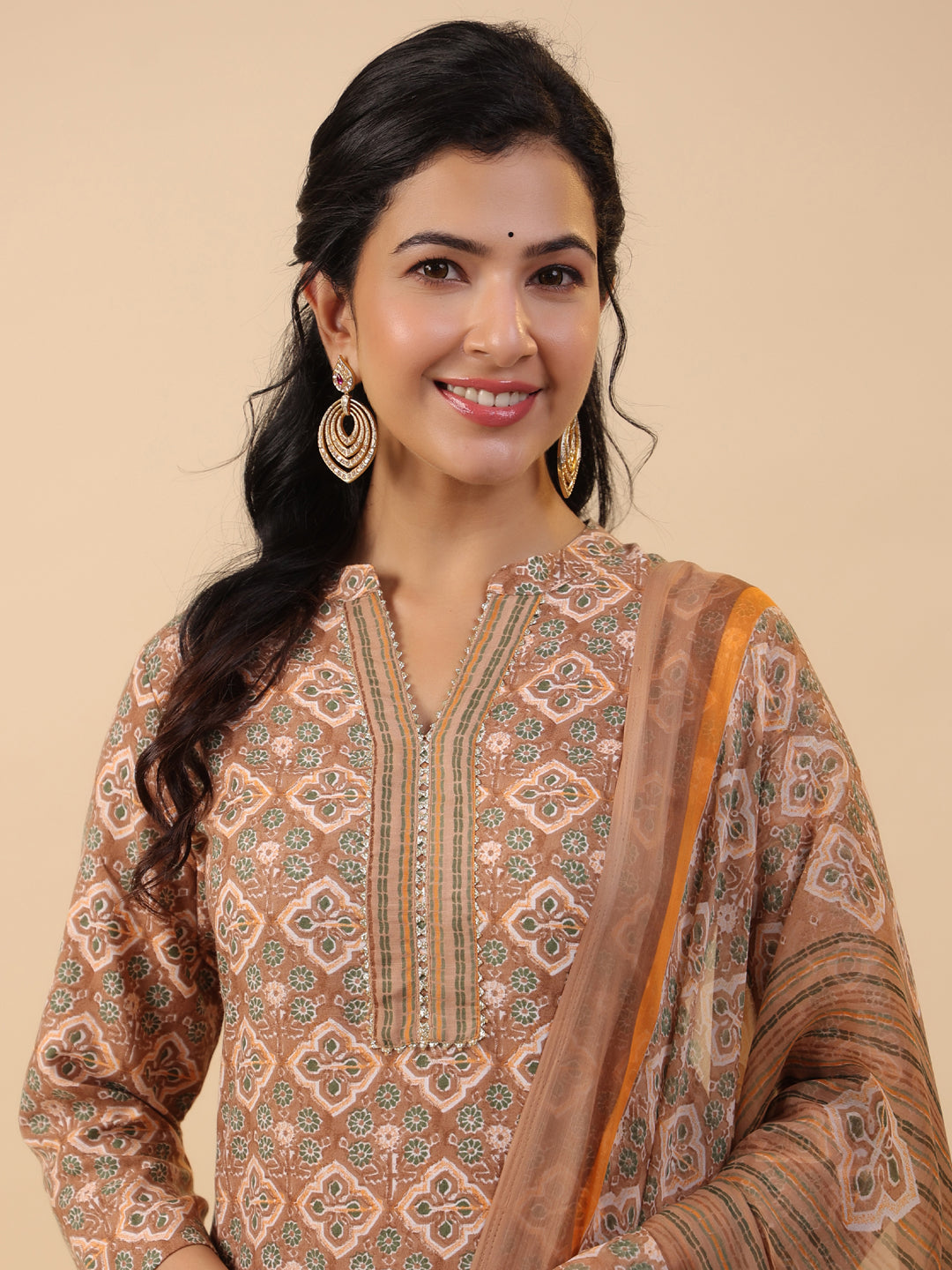 Janasya Straight Biscuit Slub Brown Ethnic Motifs Band Collar Kurta,Bottom & Dupatta - Swadesiicart