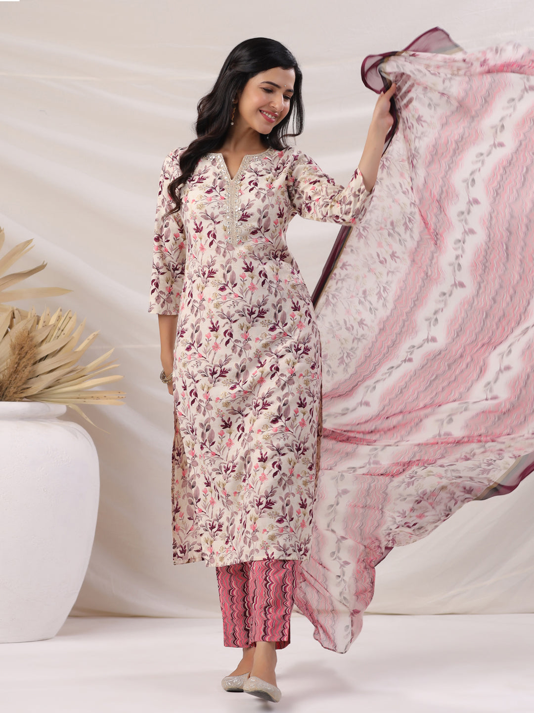 Janasya Straight Biscuit Slub Beige Floral Notch Neck Kurta,Bottom & Dupatta | Swadesiicart