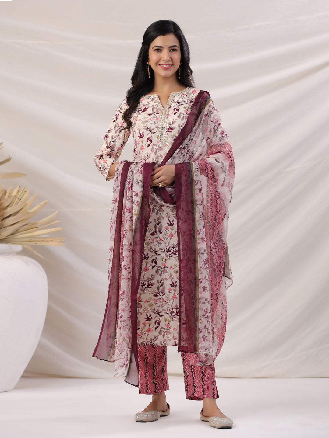 Janasya Straight Biscuit Slub Beige Floral Notch Neck Kurta,Bottom & Dupatta | Swadesiicart