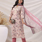 Janasya Straight Biscuit Slub Beige Floral Notch Neck Kurta,Bottom & Dupatta | Swadesiicart