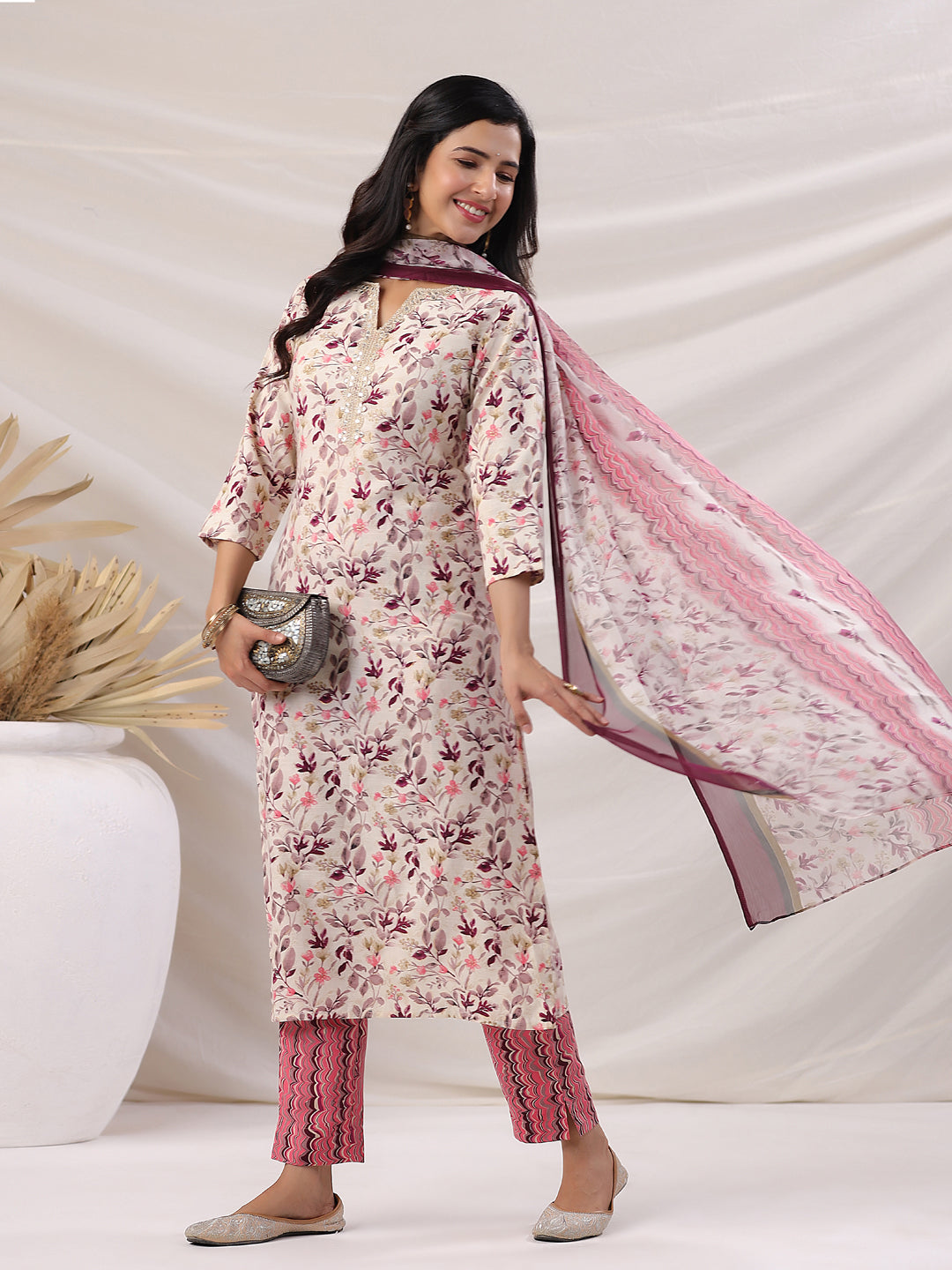 Janasya Straight Biscuit Slub Beige Floral Notch Neck Kurta,Bottom & Dupatta | Swadesiicart