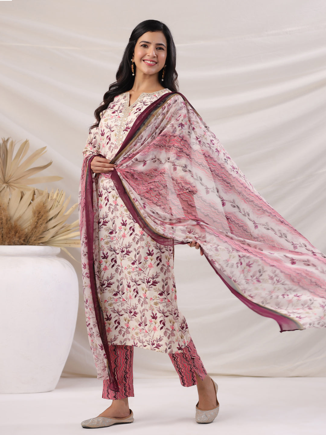 Janasya Straight Biscuit Slub Beige Floral Notch Neck Kurta,Bottom & Dupatta | Swadesiicart