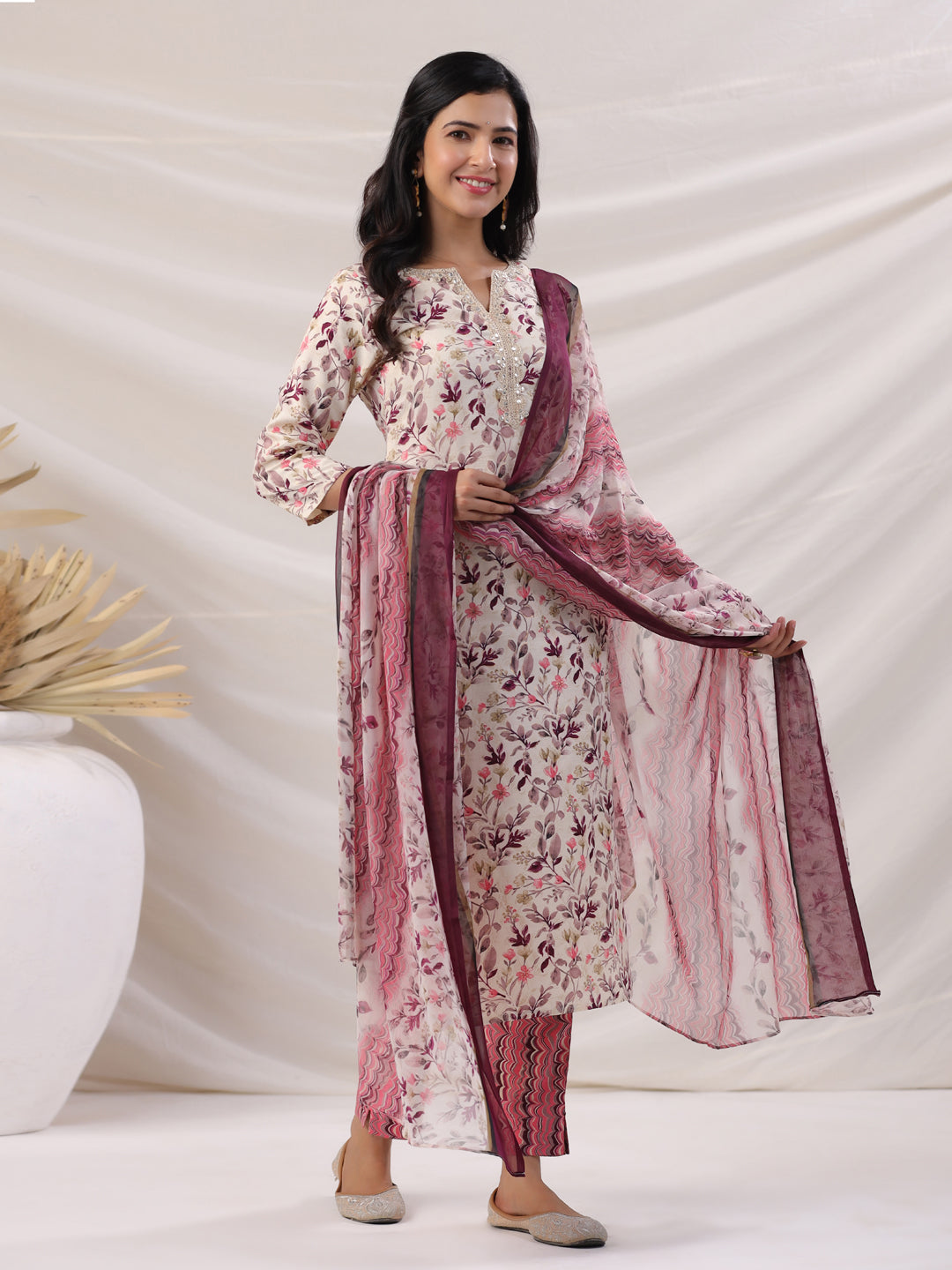 Janasya Straight Biscuit Slub Beige Floral Notch Neck Kurta,Bottom & Dupatta | Swadesiicart