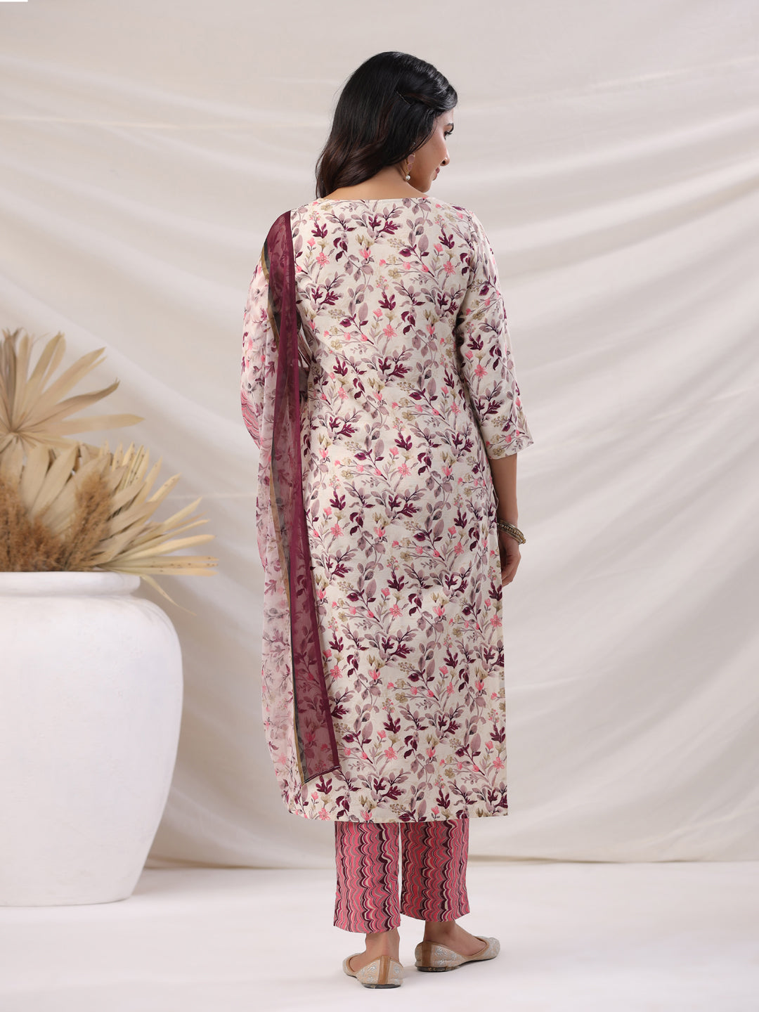 Janasya Straight Biscuit Slub Beige Floral Notch Neck Kurta,Bottom & Dupatta | Swadesiicart