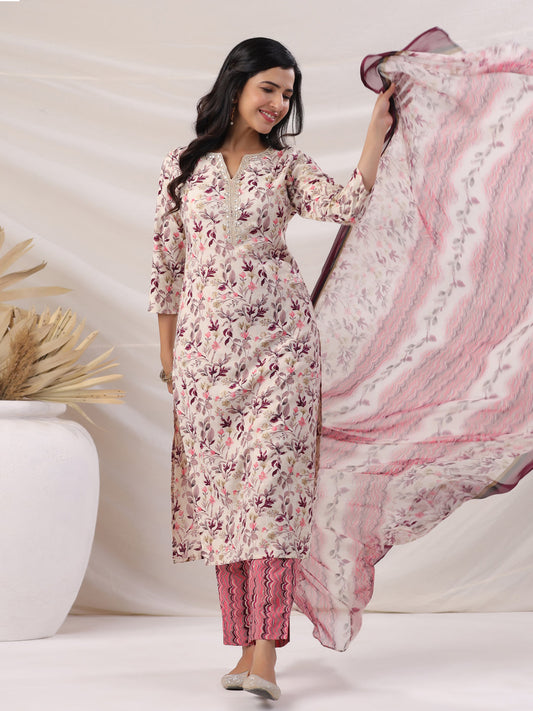 Janasya Straight Biscuit Slub Beige Floral Notch Neck Kurta,Bottom & Dupatta | Swadesiicart