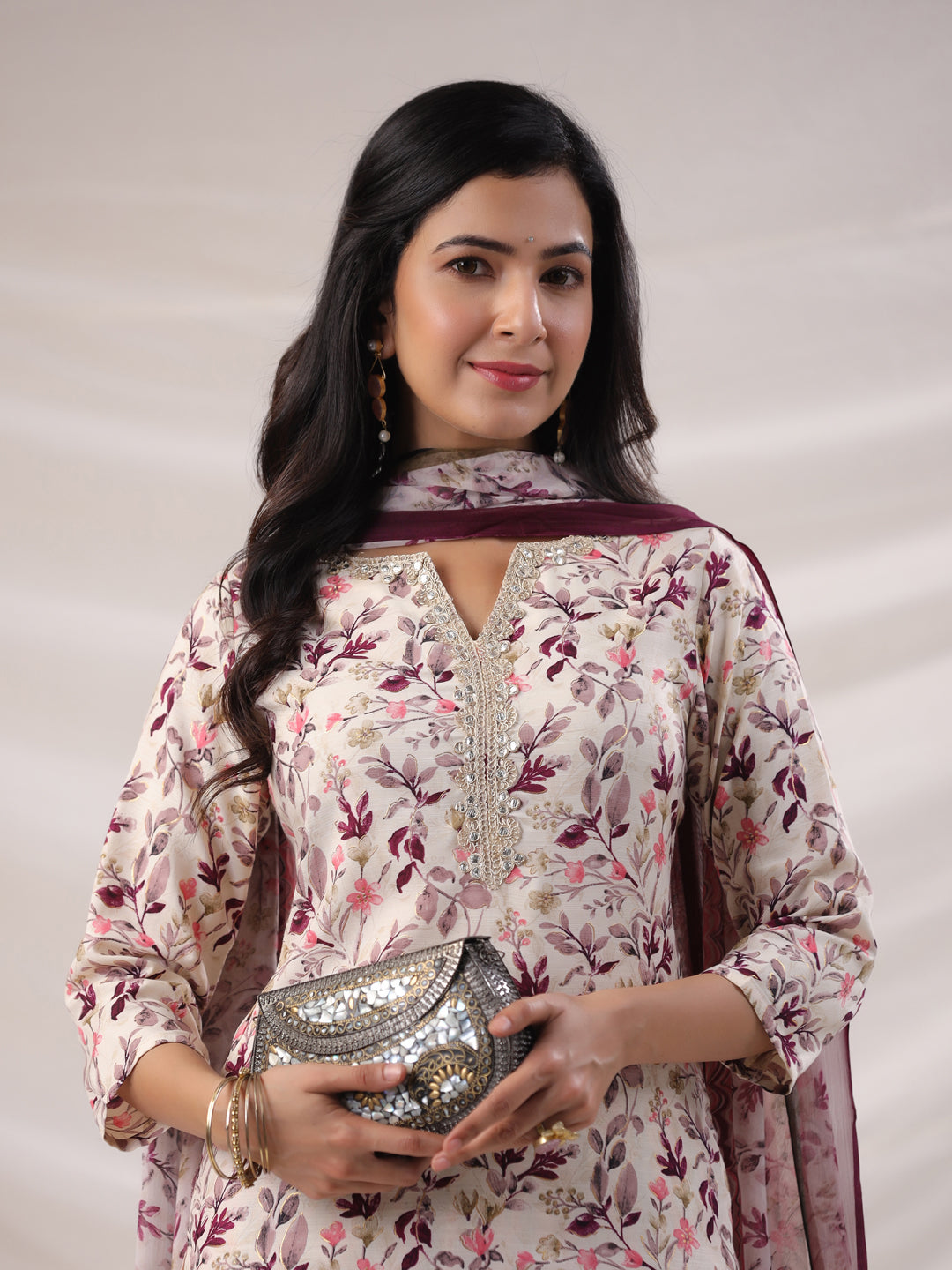 Janasya Straight Biscuit Slub Beige Floral Notch Neck Kurta,Bottom & Dupatta | Swadesiicart