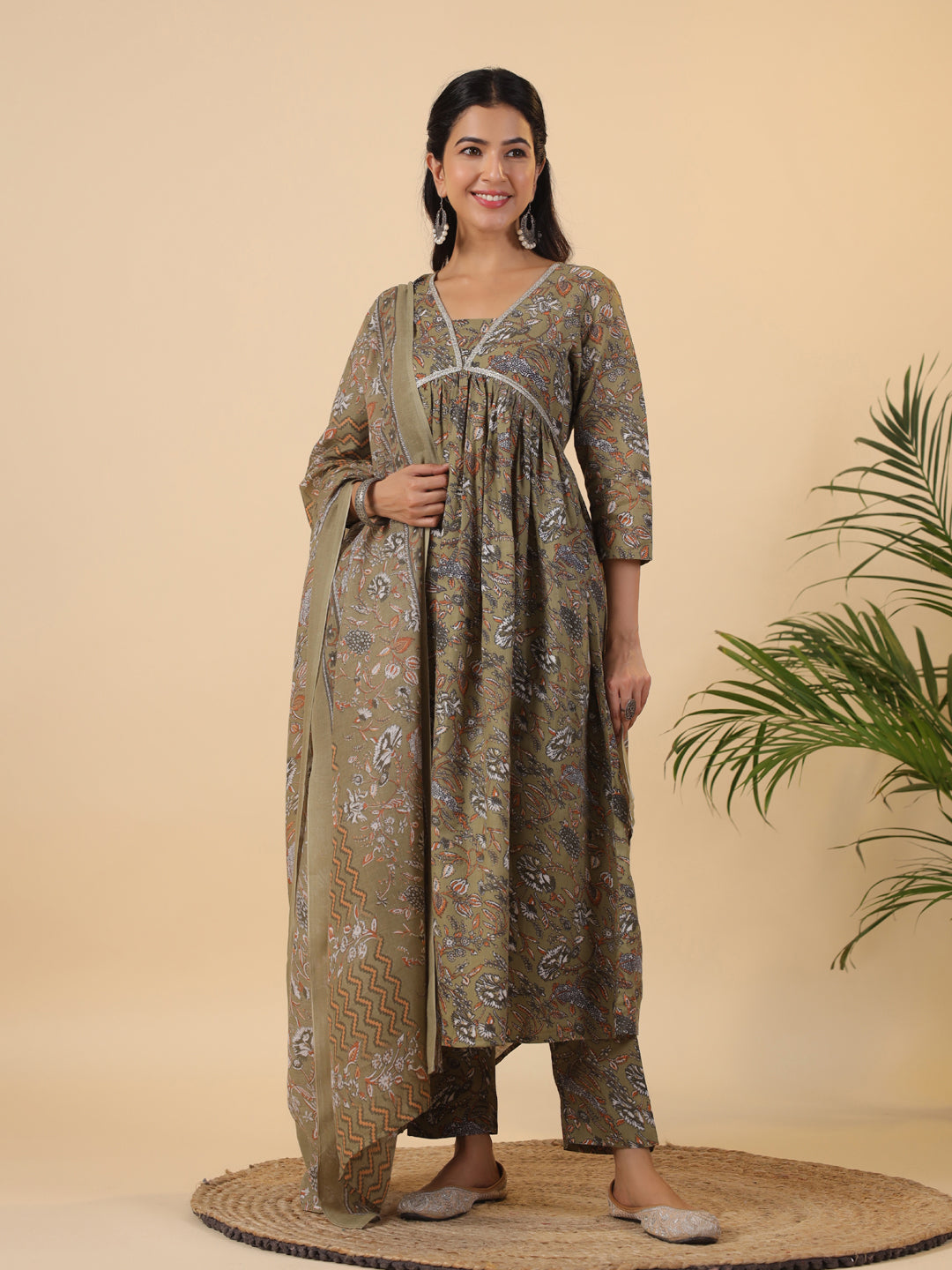 Janasya Gathered Poly Cotton Olive Floral Alia Cut Neck Kurta,Bottom & Dupatta - Swadesiicart