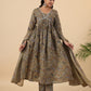 Janasya Gathered Poly Cotton Olive Floral Alia Cut Neck Kurta,Bottom & Dupatta - Swadesiicart