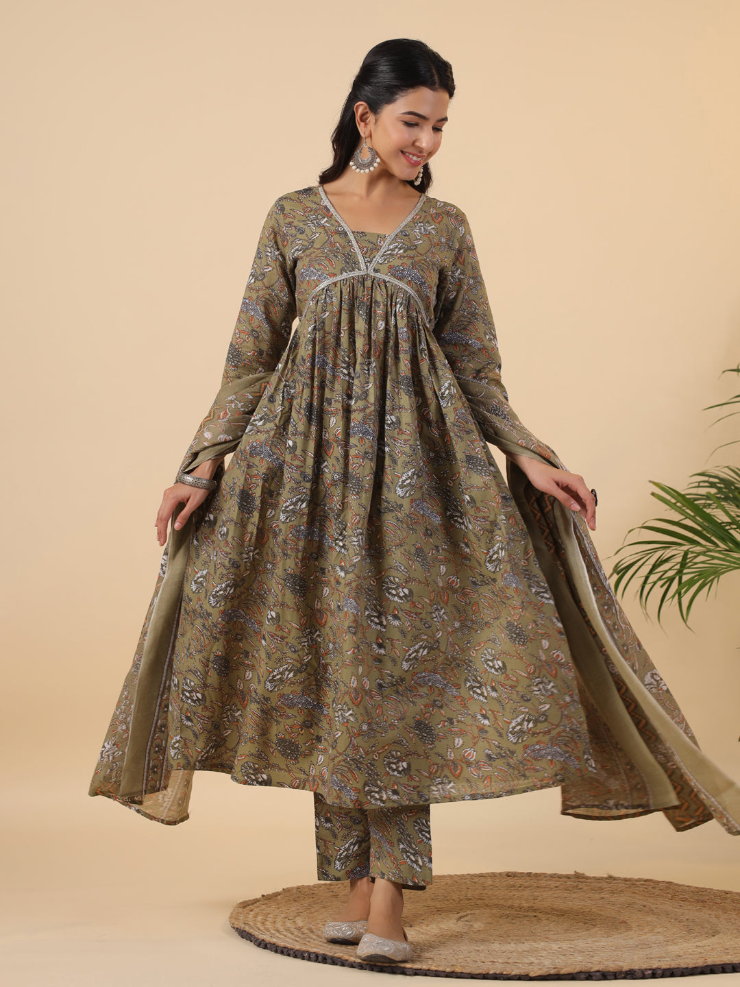 Janasya Gathered Poly Cotton Olive Floral Alia Cut Neck Kurta,Bottom & Dupatta - Swadesiicart