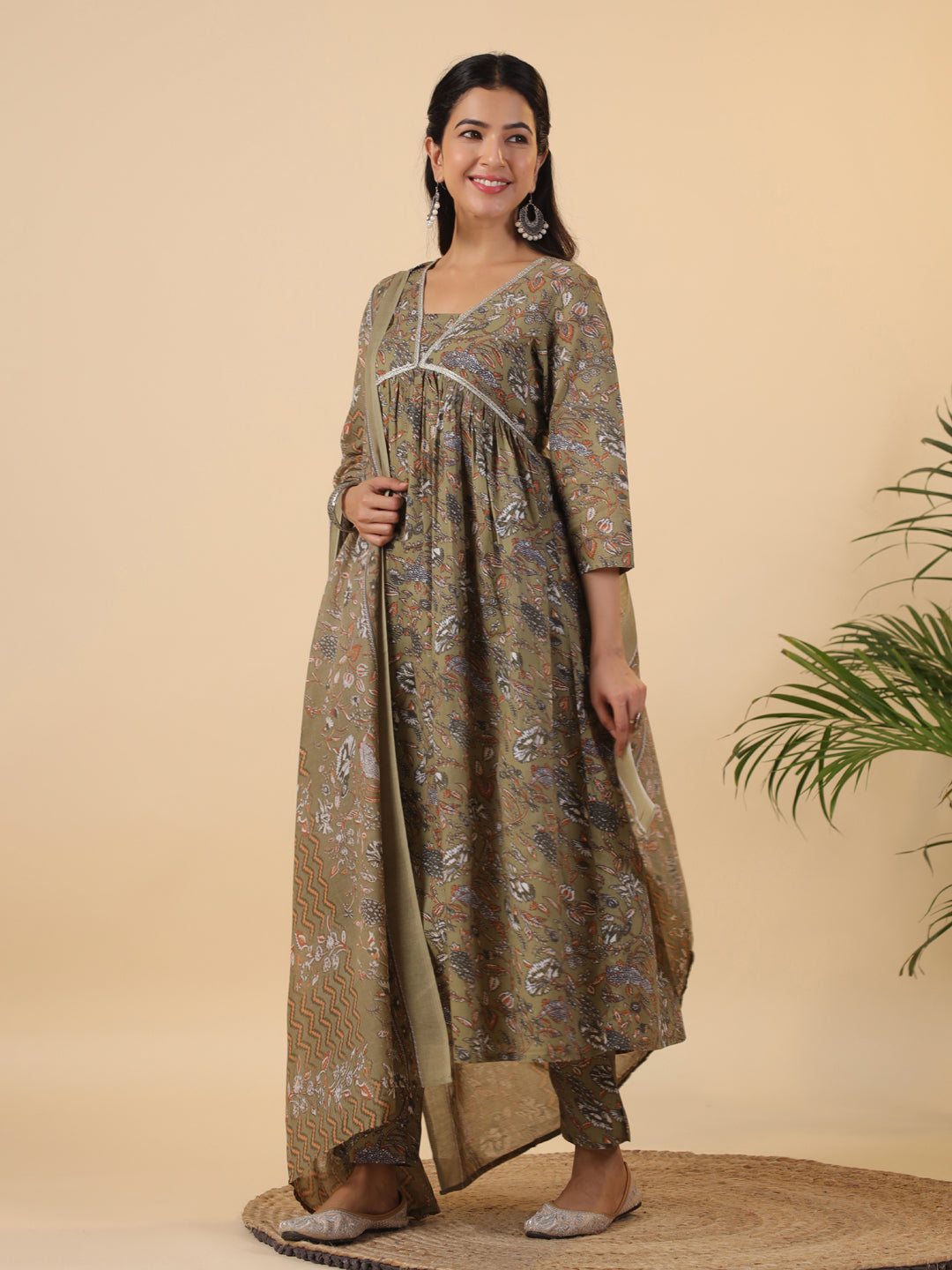 Janasya Gathered Poly Cotton Olive Floral Alia Cut Neck Kurta,Bottom & Dupatta - Swadesiicart