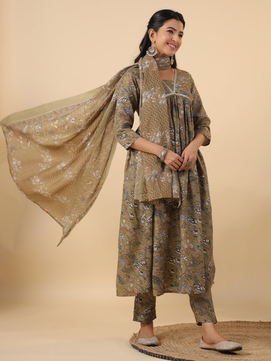 Janasya Gathered Poly Cotton Olive Floral Alia Cut Neck Kurta,Bottom & Dupatta - Swadesiicart