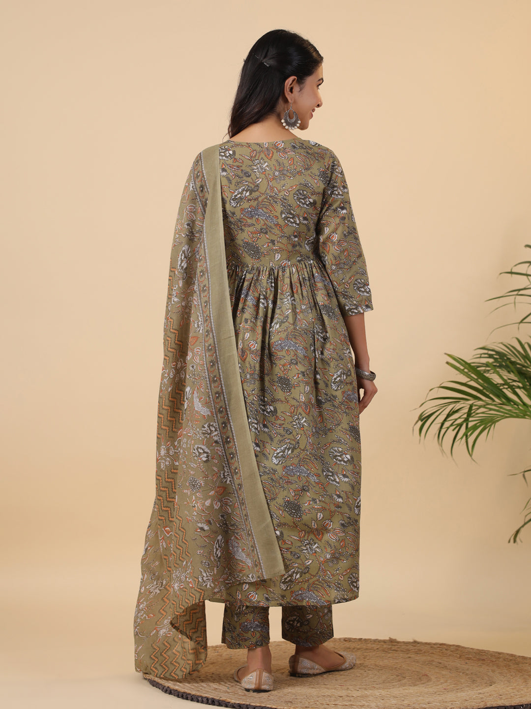 Janasya Gathered Poly Cotton Olive Floral Alia Cut Neck Kurta,Bottom & Dupatta - Swadesiicart