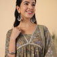 Janasya Gathered Poly Cotton Olive Floral Alia Cut Neck Kurta,Bottom & Dupatta - Swadesiicart