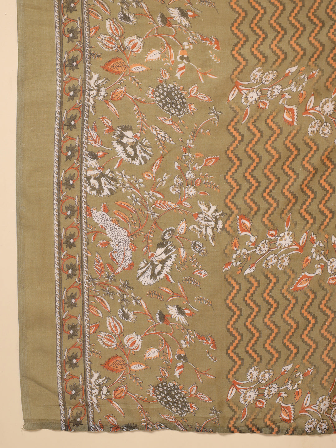 Janasya Gathered Poly Cotton Olive Floral Alia Cut Neck Kurta,Bottom & Dupatta - Swadesiicart