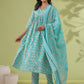 Janasya A-Line Poly Cotton Aqua Floral V-Neck Kurta,Bottom & Dupatta - Swadesiicart