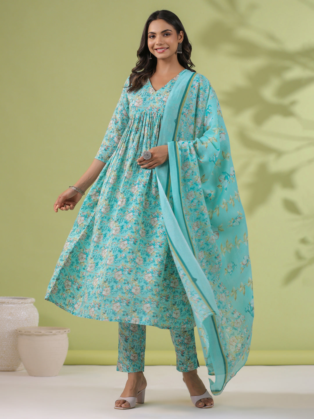 Janasya A-Line Poly Cotton Aqua Floral V-Neck Kurta,Bottom & Dupatta - Swadesiicart