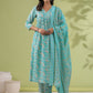Janasya A-Line Poly Cotton Aqua Floral V-Neck Kurta,Bottom & Dupatta - Swadesiicart