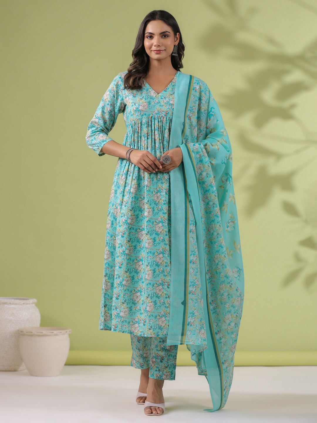 Janasya A-Line Poly Cotton Aqua Floral V-Neck Kurta,Bottom & Dupatta - Swadesiicart