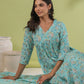 Janasya A-Line Poly Cotton Aqua Floral V-Neck Kurta,Bottom & Dupatta - Swadesiicart