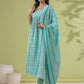Janasya A-Line Poly Cotton Aqua Floral V-Neck Kurta,Bottom & Dupatta - Swadesiicart