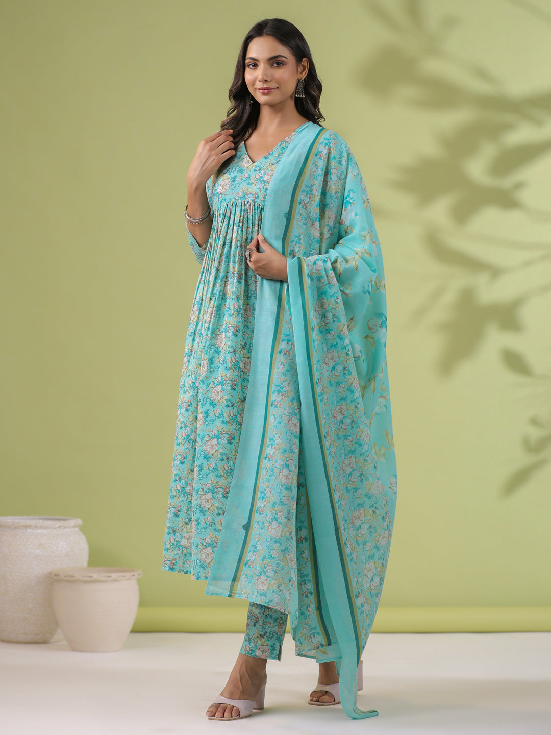 Janasya A-Line Poly Cotton Aqua Floral V-Neck Kurta,Bottom & Dupatta - Swadesiicart