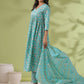 Janasya A-Line Poly Cotton Aqua Floral V-Neck Kurta,Bottom & Dupatta - Swadesiicart