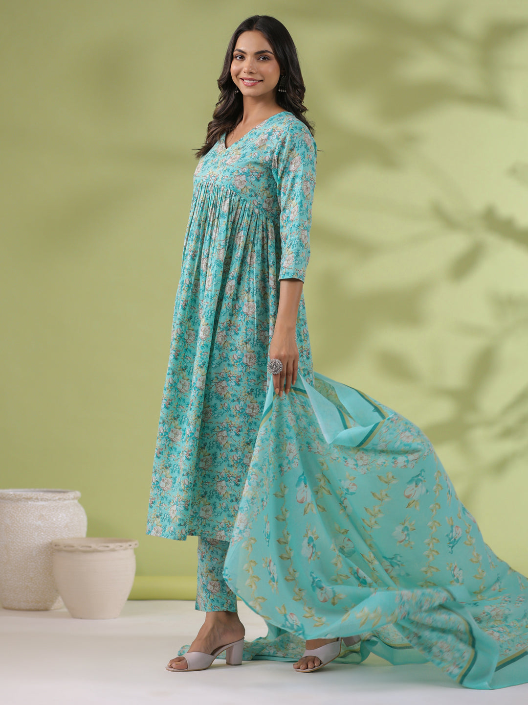 Janasya A-Line Poly Cotton Aqua Floral V-Neck Kurta,Bottom & Dupatta - Swadesiicart