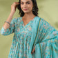 Janasya A-Line Poly Cotton Aqua Floral V-Neck Kurta,Bottom & Dupatta - Swadesiicart