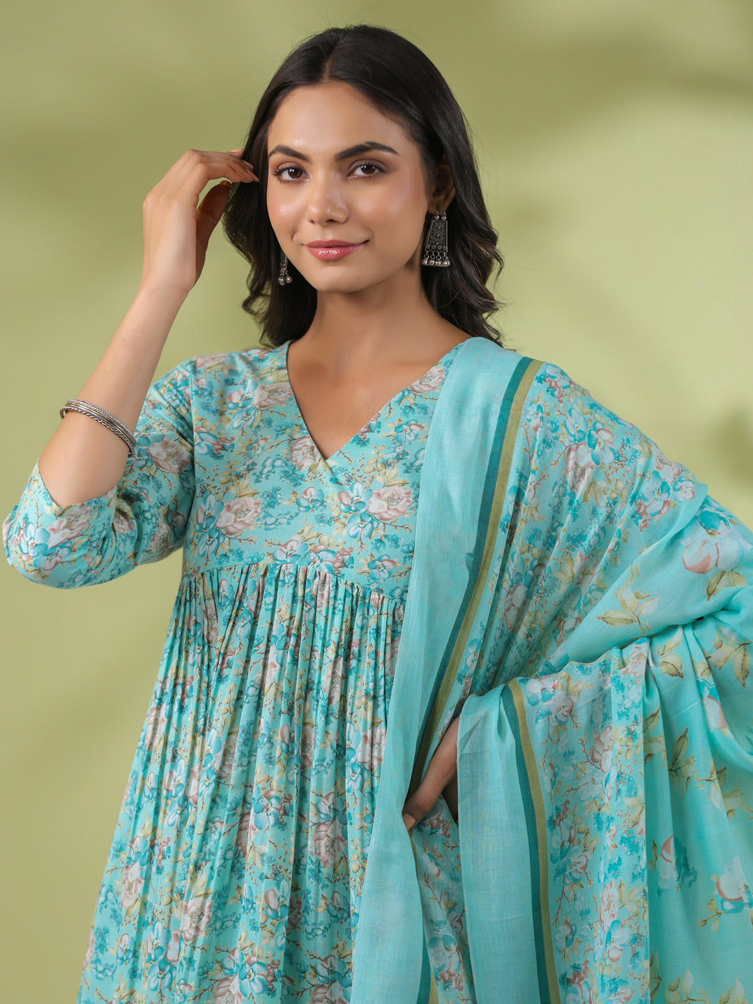 Janasya A-Line Poly Cotton Aqua Floral V-Neck Kurta,Bottom & Dupatta - Swadesiicart
