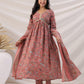 Janasya Pleated Poly Cotton Peach Floral V-Neck Kurta,Bottom & Dupatta - Swadesiicart