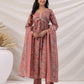 Janasya Pleated Poly Cotton Peach Floral V-Neck Kurta,Bottom & Dupatta - Swadesiicart