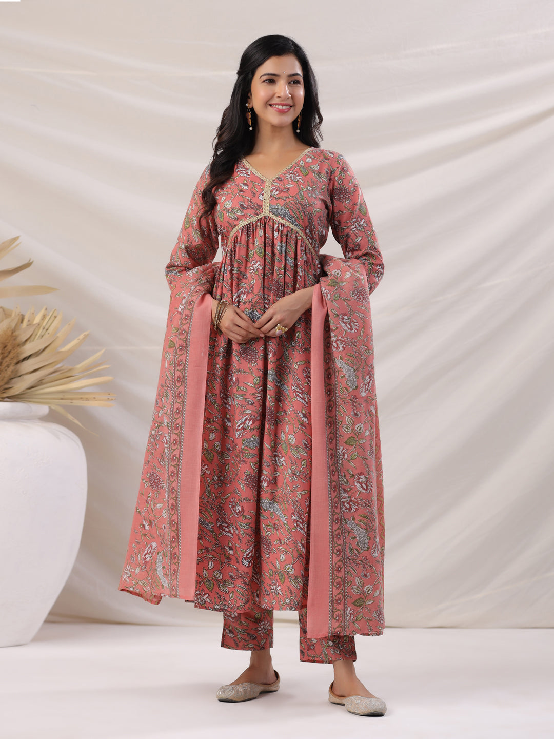 Janasya Pleated Poly Cotton Peach Floral V-Neck Kurta,Bottom & Dupatta - Swadesiicart
