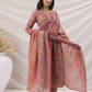 Janasya Pleated Poly Cotton Peach Floral V-Neck Kurta,Bottom & Dupatta - Swadesiicart