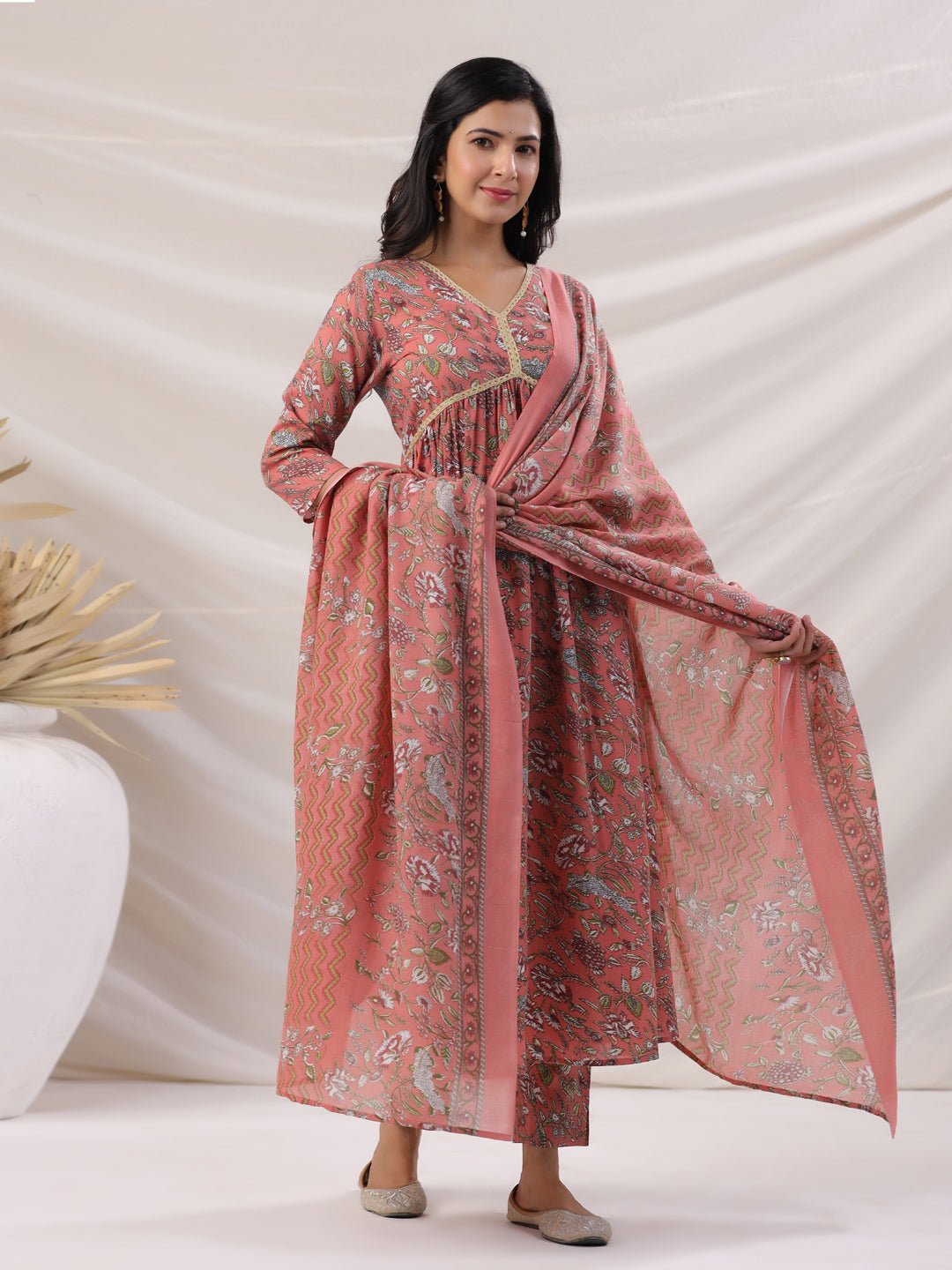 Janasya Pleated Poly Cotton Peach Floral V-Neck Kurta,Bottom & Dupatta - Swadesiicart