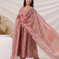 Janasya Pleated Poly Cotton Peach Floral V-Neck Kurta,Bottom & Dupatta - Swadesiicart